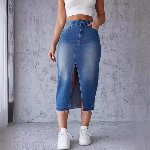 Elegante Gonna Midi In Denim Blu Vita Alta Spacco Frontale Distressed Orlo Sfrangiato Casual Per Donna