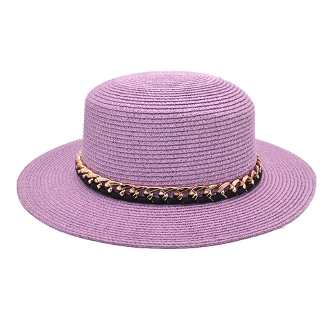 Cappello Boater In Paglia A Tesa Larga E Cupola Piatta Con Catena Dorata Estate Spiaggia Accessori Moda Per Donna