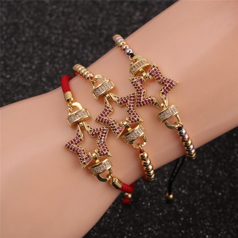 Women Star Pendant Bracelet Copper Gold Plated With Red Braided Rope And Zirconia Adjustable Hip Hop Boho Jewelry