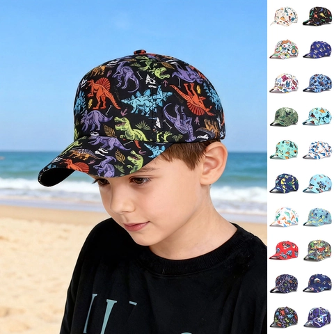 Casquette de Baseball pour Enfants Polyester Réglable Protection Solaire Dinosaure Voiture Espace Football Imprimé Chapeau Enfants