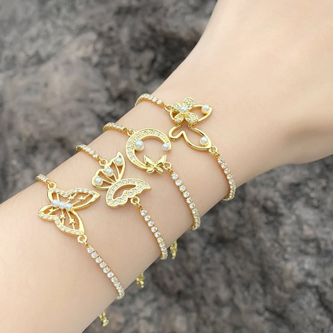 Butterfly Moon Adjustable Bracelet Copper With Zircon And Artificial Pearl Elegant Minimalist Fashion Jewelry For Women