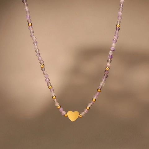 Heart Pendant Natural Stone Beaded Necklace Stainless Steel Gold Bead Clavicle Chain French Minimalist Style Women