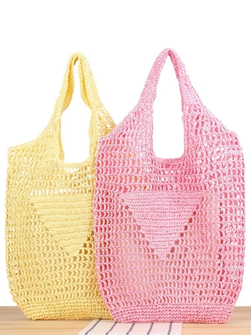Women Woven Shoulder Bag Paper Straw Hollow Crochet Mesh Large Capacity Beach Vacation Minimalist Solid Color Tote