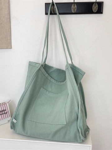 Women Canvas Tote Bag Solid Color Large Capacity Casual Shoulder Handbag With Front Pocket For Daily Student Use