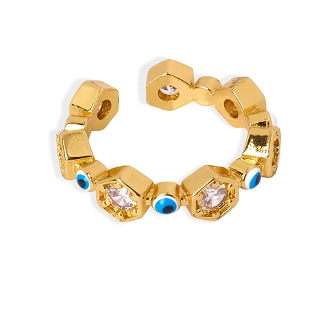 Evil Eye Copper Open Ring Adjustable Hexagon Zircon Enamel Retro Bohemian Fashion Jewelry Women