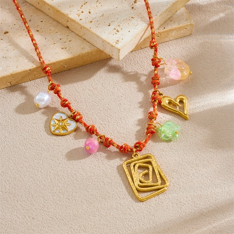 Bunte Gewebte Seilhalskette Mit Edelstahl Herz Blume Pfote Anhänger Harzperlen Schmuck Für Frauen Y2K Stil