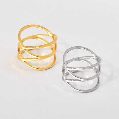Stainless Steel Double Cross Hollow Ring Geometric Multi-layer Minimalist Chic Polished Aesthetic Jewelry For Women