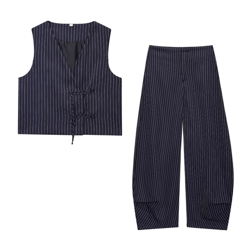 Completi Donna Righe Gilet Senza Maniche Scollo V E Pantaloni Larghi Streetwear Casual Blu Marino