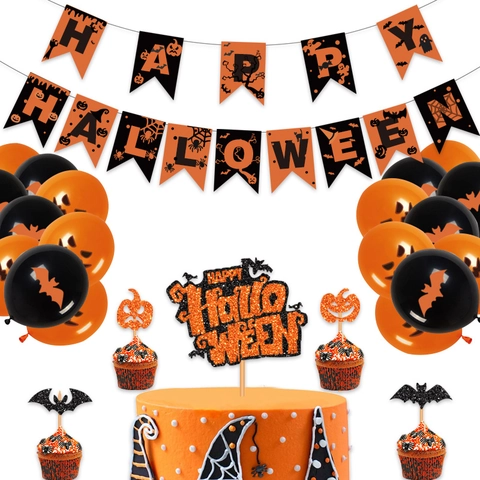 Decorazioni Per Feste Di Halloween Banner Cake Toppers Glitterati Zucca Pipistrello Palloncini Lattice Carta Arancione Nero