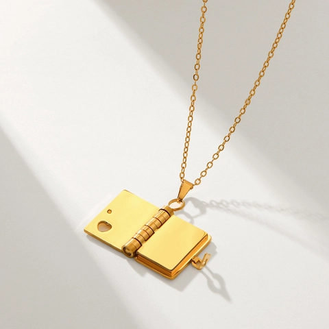 Stainless Steel Book Pendant Necklace Heart Shape Locket Clavicle Chain Fashion Jewelry For Women Trendy Gift