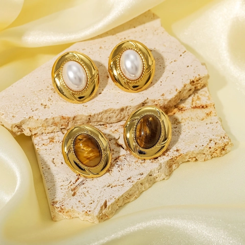 French Vintage Oval Stud Earrings 18K Gold Plated Stainless Steel With Imitation Artificial Pearl And Tiger Eye For Women
