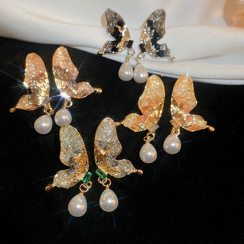 Orecchini A Farfalla Lega Con Cristallo Imitazione Perla Artificial E Perno In Argento Sterling 925 Stile Francese Retrò
