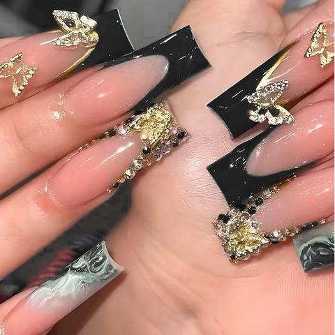 Press On Nails Lange Sargform Französisch Schwarz Rosa Mit 3D Goldener Schmetterling Strass Glitzer Extralange Falsche Nägel