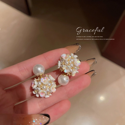 Elegant Camellia Flower Cluster Earrings With Large Artificial Pearl And 925 Sterling Silver Earring Post Vintage French Jewelry