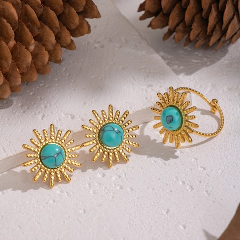 Vintage Sunburst Sieraden Roestvrij Staal Verguld Turkoois Knopoorbellen En Ring Voor Dames Waterdicht