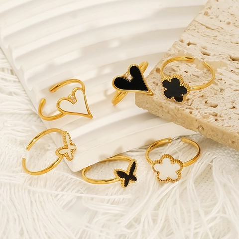 Adjustable Open Ring 18K Gold Plated 304 Stainless Steel Enamel Shell Heart Butterfly Clover Jewelry For Women
