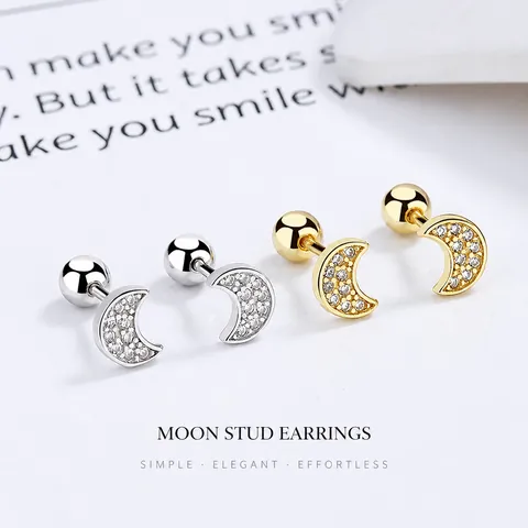 Crescent Moon Stud Earrings 925 Sterling Silver Earring Post Pave Cubic Zirconia Minimalist Screw Ball Back Jewelry