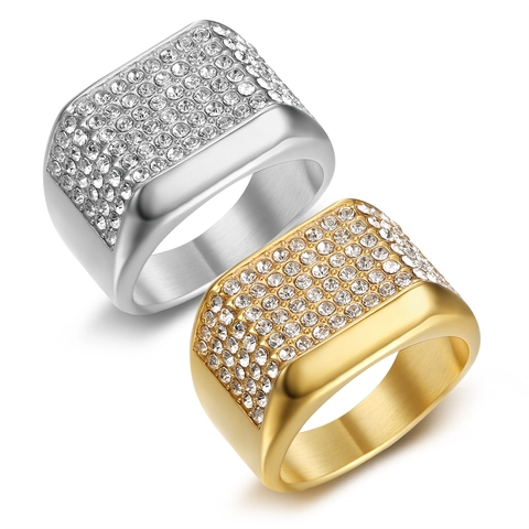 Herren Hip Hop Siegelring Edelstahl 18K Vergoldet Iced Out Weißer Zirkon Quadratisch Bling Punk Schmuck