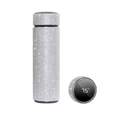 Rhinestone Insulated Vacuum Flask Stainless Steel Bling Bottle With Smart LED Temperature Display Leopard Print Luxury Travel Cup