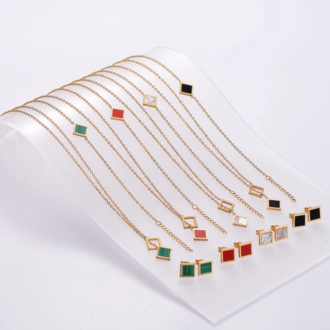 Quadratischer Edelstahlschmuck 18K Vergoldet Halskette Armband Ohrringe Elegante Muschel Malachit Für Damen Geschenk