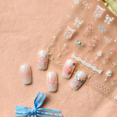 Autocollants Art Des Ongles Relief 5D Dentelle Romantique Française Fleur Rose Noeud Autocollants Auto Adhésifs Manucure Mariage
