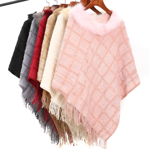Poncho En Tricot À Carreaux Pour Femmes Col En Fausse Fourrure Ourlet À Franges Pull Chaud Hiver