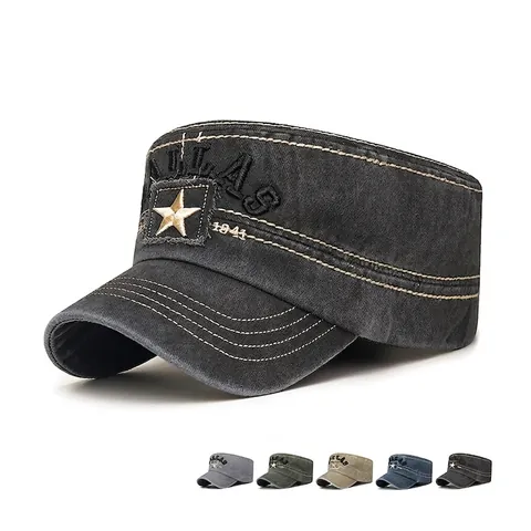 Distressed Washed Cotton Cadet Cap Vintage Flat Top Hut Mit Dallas Stickerei Und Stern Patch Verstellbarer Sonnenschutz