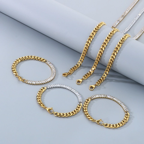 Stainless Steel Necklace And Bracelet Square Zircon Patchwork Cuban Chain Fashion Jewelry For Women Hip Hop Style