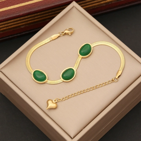 Elegante Collana Bracciale Orecchini In Acciaio Inossidabile Catena A Serpente Piatta Pietra Ovale Verde Smeraldo Per Donne