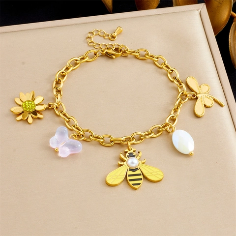Pulsera De Acero Inoxidable Chapada En Oro Con Colgantes De Abeja Mariposa Flor Libélula Y Perla Artificial Estilo Natura