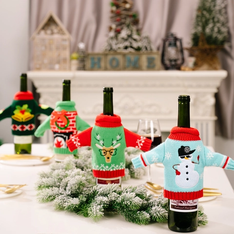 Kerst Gebreide Wijnfleshoezen Truivorm Feestelijke Eettafel Decoratie Nieuwigheid Sneeuwpop Rendier Ontwerp