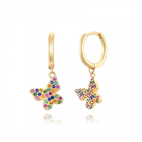 Orecchini a Cerchio con Ciondolo a Farfalla e Perno in Argento Sterling S925 Con Zirconia Colorata Gioielli di Moda Donna