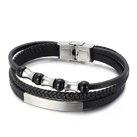 Bracciale Da Uomo In Pelle Intrecciata Multistrato Chiusura Magnetica In Acciaio Inossidabile Perline Stile Punk Gioielli