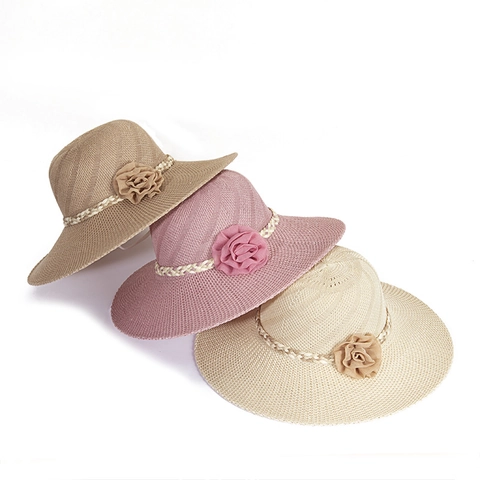Women Woven Straw Sun Hat Wide Brim Floral Decor Elegant Breathable Summer Beach Vacation Holiday Travel Shade