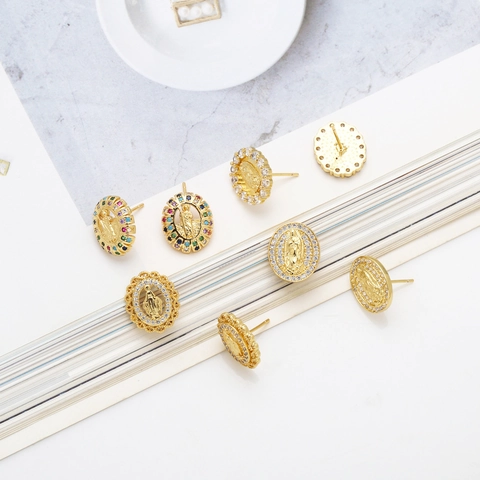 Virgin Mary Religious Stud Earrings Retro Gold Plated Copper Oval Zircon Inlaid Hollow Vintage Jewelry For Women Fashion