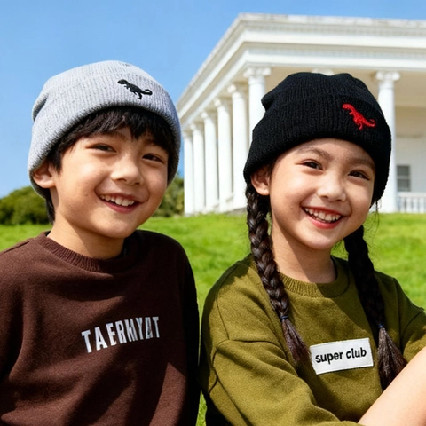 Kindergebreide Beanie Muts Winter Warme Acryl Muts Met Dino Borduurwerk Winddicht Voor Jongens Meisjes