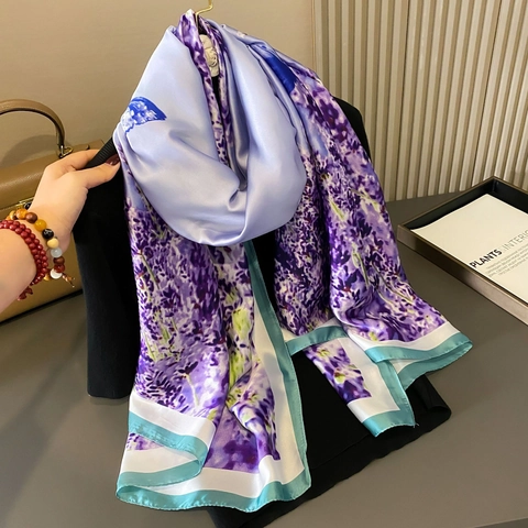 Chal De Bufanda Larga De Satén Artificial Con Estampado De Lavanda Para Mujer Mariposa Floral Protección Solar Playa