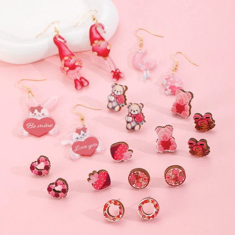 Ensemble de Boucles d'Oreilles Pendantes et Puces Saint-Valentin en Acrylique Bois Cœur Gnome Ours pour Femmes Bijoux de Fête Imprimés Rose Rouge