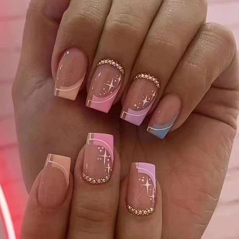 Square Press On Nails French Gradient Pink Purple Blue With Starry Sky Pattern And Rhinestones For Women Daily Manicure