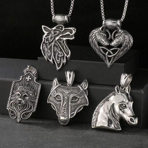 Collar Con Colgante De León Lobo Caballo De Acero Inoxidable Vikingo Nudo Celta Punk Gótico Joyas Para Hombre