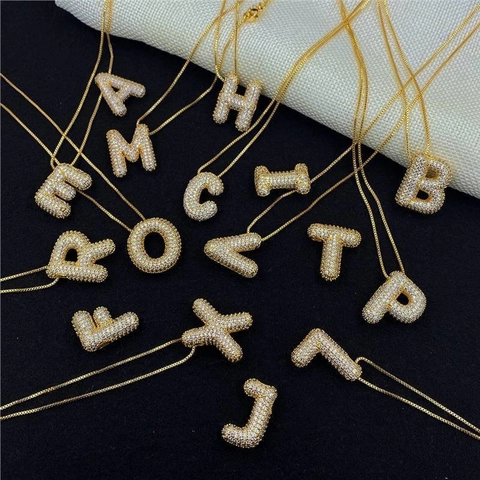 Initial Letter Necklace For Women Gold Plated Stainless Steel Puffy Bubble Alphabet Pendant Shiny Zircon Box Chain Jewelry