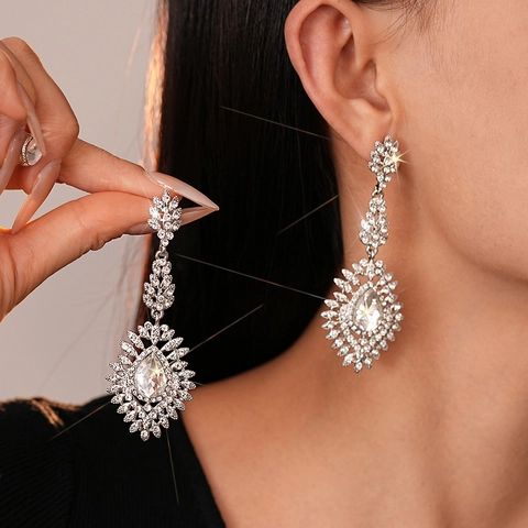 Orecchini Pendenti Fiore Goccia Lega Strass Con Perno In Argento Lunghi Lusso Gioielli Matrimonio Per Donne