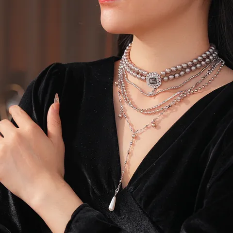Mehrlagige Halskette Mit Künstlichen Künstliche Perlen Quadratischem Strassanhänger Und Tropfenquaste Vintage Eleganter Schmuck Für Damen