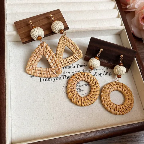 Bohemian Woven Rattan Drop Earrings Handmade Wood Beads Geometric Summer Beach Women With Silver Earring Post