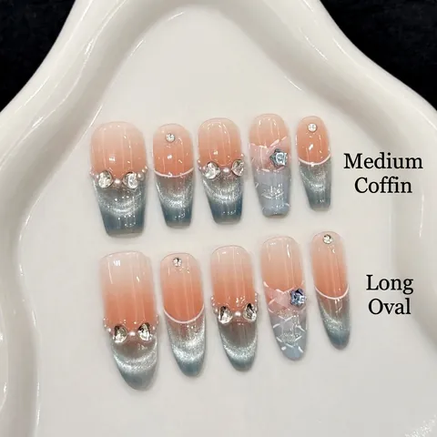 Uñas Postizas Hechas A Mano Azul Ojo De Gato Francés Degradado Estrás Perla Artificial Elegante Coffin Ovalado