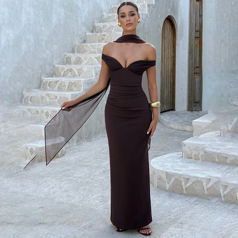 Vestito Maxi Senza Spalline Da Donna E Sciarpa Schiena Scoperta Tinta Unita Bodycon Sexy Abito Da Sera Elegante Poliestere Spandex