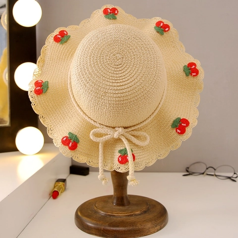 Girls Straw Sun Hat And Mini Crossbody Bag Cherry Embroidery Wavy Brim Summer Beach Vacation Breathable