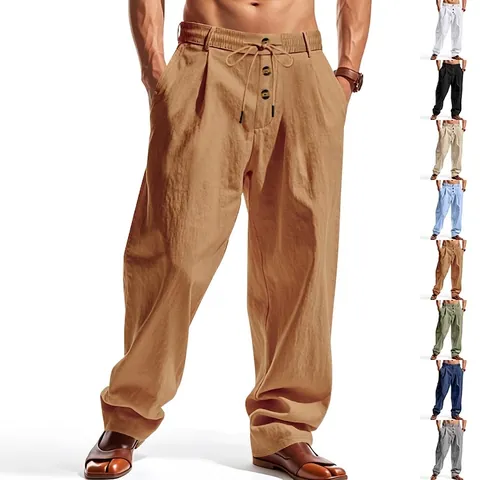 Men Casual Pants Linen Blend Breathable Loose Fit Drawstring Waist Straight Leg Summer Trousers Solid Color