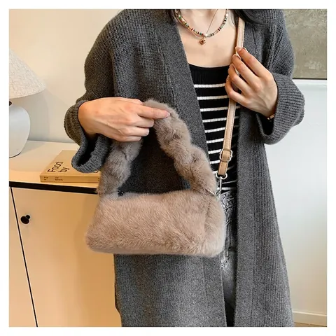 Women Plush Faux Fur Underarm Bag Twisted Handle Adjustable Strap Small Crossbody Handbag Simple Fashionable Daily Accessory