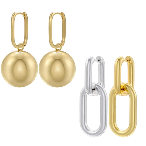 French Retro Brass 18K Gold Plated Earrings Interlocking Oval Rings Mirror Polished Ball Minimalist Geometric For Women